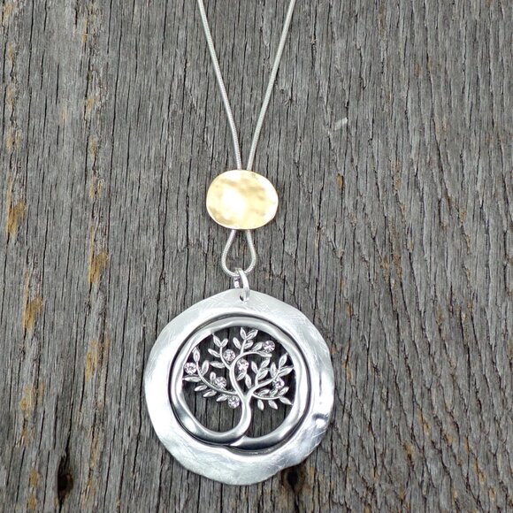 Tree of life large round pendant necklace with carved tree leaves center 2.65" - Picture 10 of 13